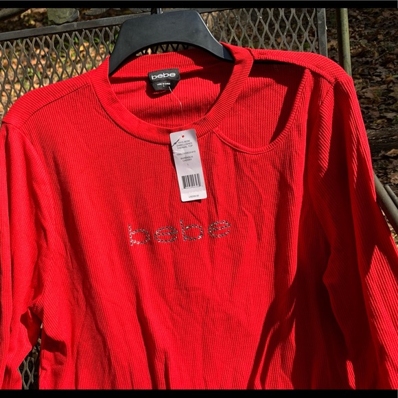 Bebe Logo Thermal Tie Waist Top Cherry Red Size L - Picture 3 of 9